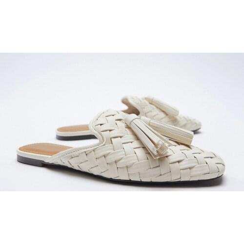 Square Toe Mules Shoes Women 2021 Summer Slippers Flat Bottom Half Drag Tassel Muller Sandalias Woven Comfortable White Slides