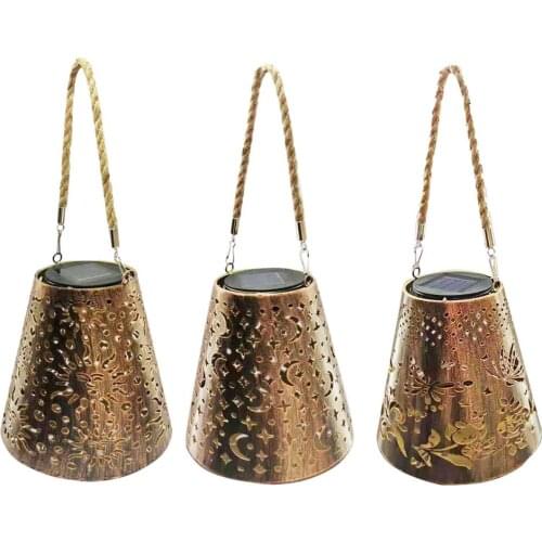 Retro Hollow Out Solar Lantern Outdoor Decorative Hanging Metal Lights Yard Garden Waterproof LED Projector Lamp