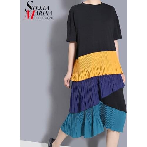 New 2021 Woman Summer Black Yellow Patchwork Pleated Ruffle Dress O Neck Midi Girls Casual Holiday Dress Style Robe Femme 8515