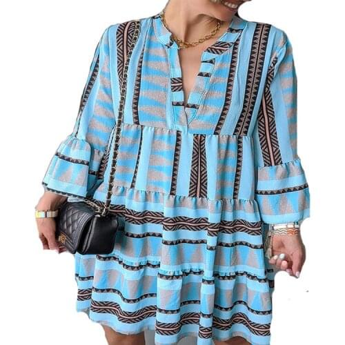 New Womens Sexy Cool Dress Temperament Geometric Print V-neck Trumpet Sleeve Swing Dress Holiday Party Loose Cotton Dress