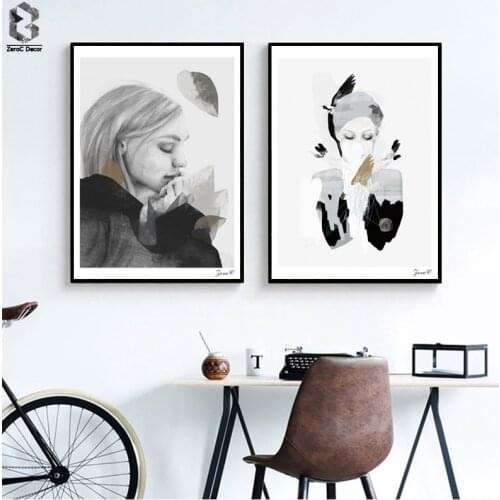 Nordic Canvas Art Print and Poster, Girl Portrait Wall Art Painting for Living Room Decoration, Scandinavian Bedroom Wall Decor
