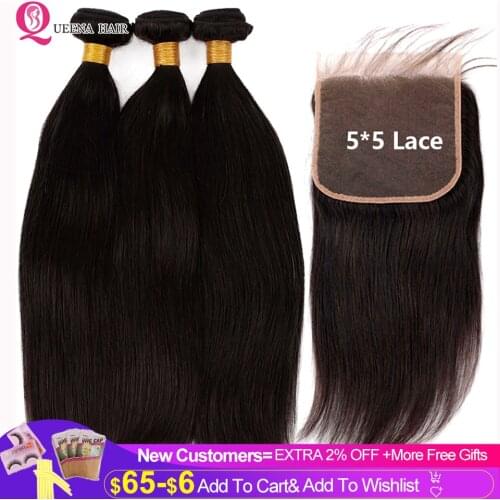 Queena Hair Straight Bundles With Closure 5x5 HD Lace Closure With 3 Bundles Remy Brazilian Human Hair Weave Bundles And Closure