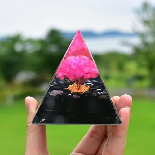 Pink Crystal Tree Of Life Orgonite Pyramid 2.75 Inch Orgone Obsidian Pyramid EMF Protection Meditation Yoga Energy Generator