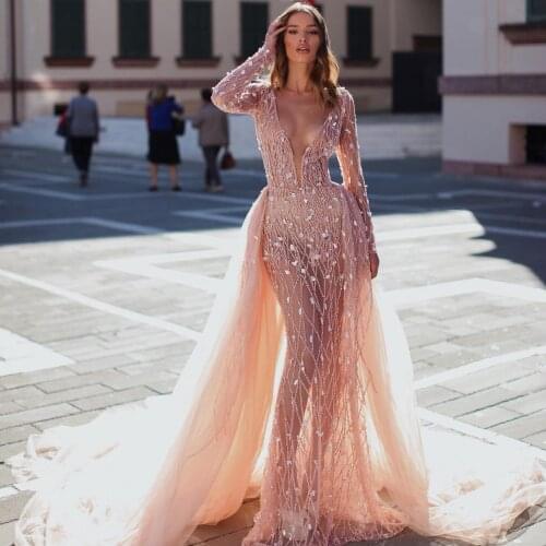 Sexy See Thru Peach Pink Mermaid Formal Event Dresses With Detachable Train Full Sleeves Floral Long Bridal Prom Gowns