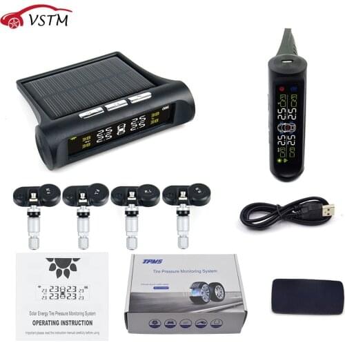 Solar Power USB TPMS Car Tire Pressure Monitoring System LCD 4 External / Internal Sensors for SUV Temperature Warning