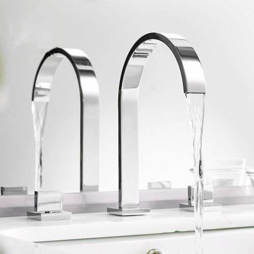 Basin Faucets Brass Polished Chrome Deck Mounted Square Bathroom Sink Faucets 3 Hole Double Handle Hot And Cold Water Tap DG0709