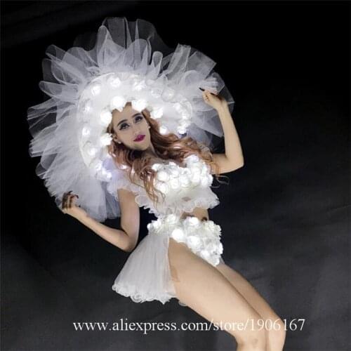Led Women Ballroom Costume Light Up Roese Hat Clothing Party Dress Led Christmas Performance DJ Singer Clothes Dance Suit