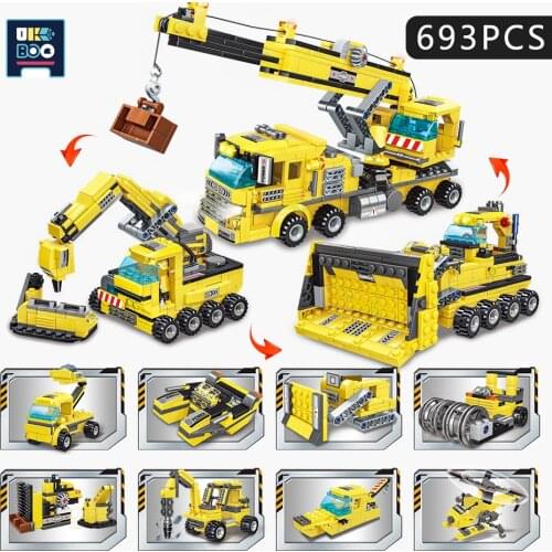 UKBOO 693PCS City Engineering Truck Bulldozer Crane Model Building Blocks Construction Site Bricks Toys For Children
