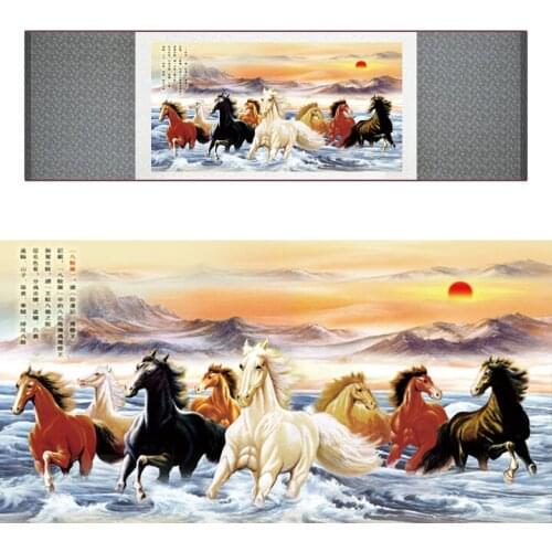 Top quality Chinese Horse silk painting Horse art painting Silk scroll art painting eight horse painting
