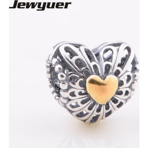 925 sterling silver fine jewelry Vintage love charms with golden heart fit silver bead bracelets necklace diy making Memnon