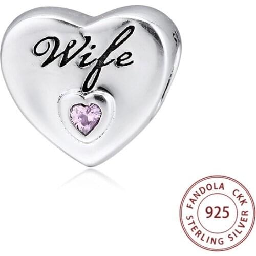 Wife Love Heart Metal Beads Charms Sterling Silver 925 Original for Bracelet DIY Women Charmsy Jewelry Making Accessories