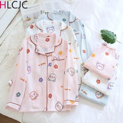 Bear Print New Cotton Crepe Womens Long-sleeved + Trousers Pajamas Spring and Autumn Thin Ladies Home Service Suit Pyjama Femme