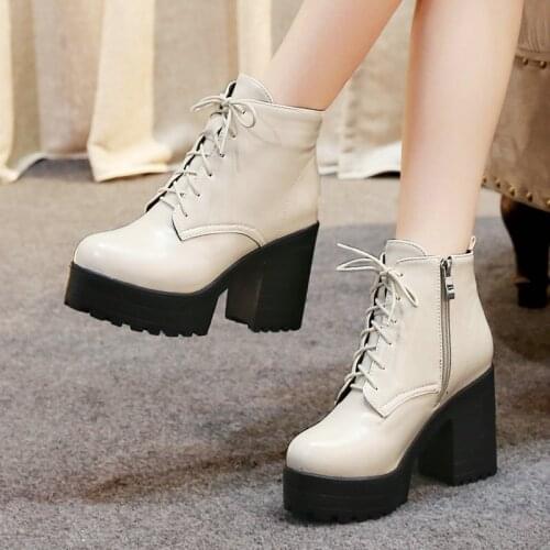 Winter Warm Female Short Boots Platform Cross Tied Womens Shoes Spring Autumn Fashion Zipper Square High-Heel Ankle Boots 34-44
