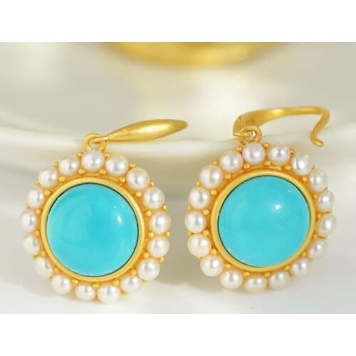 Silver inlaid natural ore blue turquoise earrings charm pearl niche design craftsmanship elegant romantic women brand jewelry