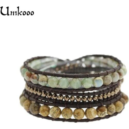 Women Wax/Leather Bracelet Natural Agalmatolite Stone Wrap Leather Bracelet Wrap Beaded Bracelets Wholesale Fashion Bracelets