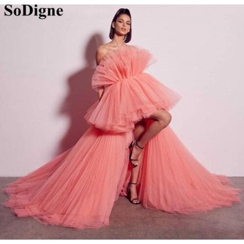SoDigne Pink Hi Low Tulle Evening Dresses With Train Long Women Prom Formal Gowns Puffy Fluffy Graduation Party Dress 2021