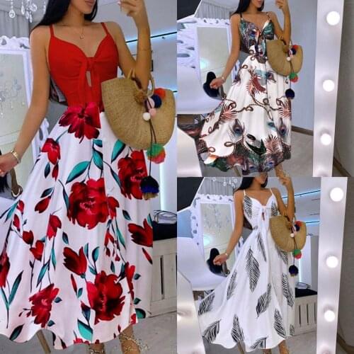 Women Dress Elegant Floral Printed Long Sleeveless Dress Loose Sexy Beach Style Long Dress Lady Vintage V-neck Bohemian Dresses