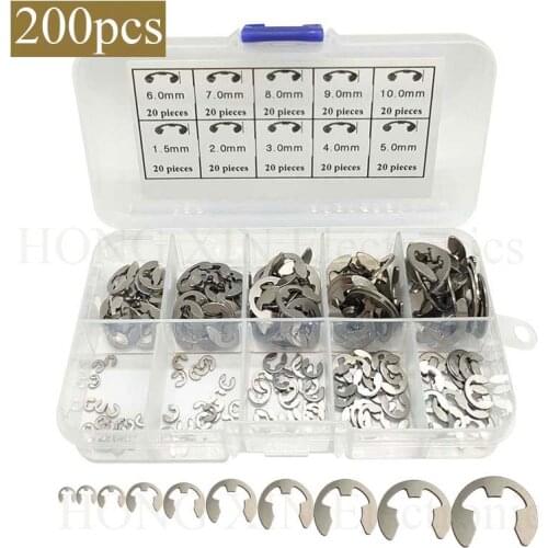 200pcs/set Stainless Steel Circlip Sack Retaine E-type Washer SS304 Buckle-shaped Split Washers M1.5/M2/M3/M4/M5/M6/M7/M8/M9/M10