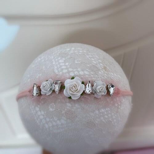 Free Shipping White Blush Pink Flower Rhinestone Beads Newborn Skinny Headband