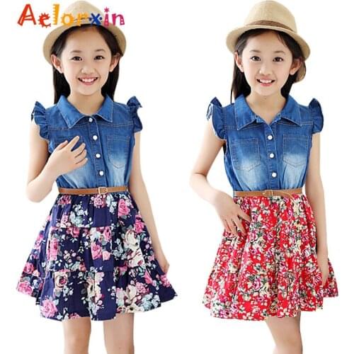 Girl Princess Dress with Flower 2017 Summer Girls Clothing Children Clothes Kids Dress Cotton Denim Girls Floral Print Dresses