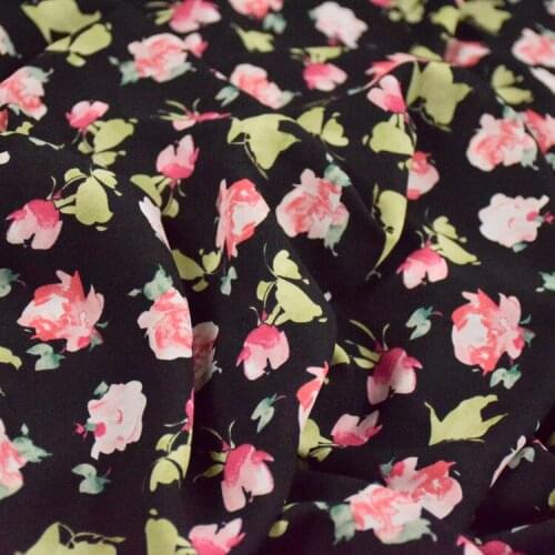 Elegant Fashion Black Background Light Green Pink Floral Stretch Crepe De Chiffon Fabric Dress Cheongsam Handmade DIY Fabric