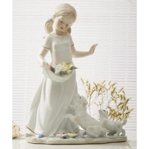 RUSTIC CERAMIC LITTLE GIRL FIGURINE PORCELAIN CHILD SCULPTURE PUPPIES BIRTHDAY GIFT CRAFT ROOM DECOR CHILDRENS DAY R2261