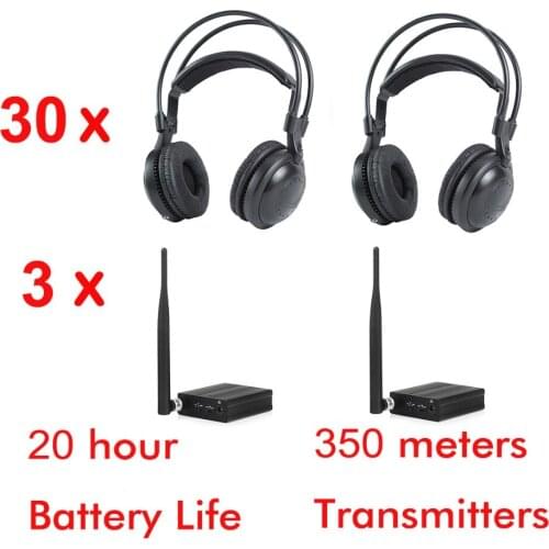 500m 3 channel ultra low bass classical silent disco headphones package - 30pcs headphones and 3 transmitters