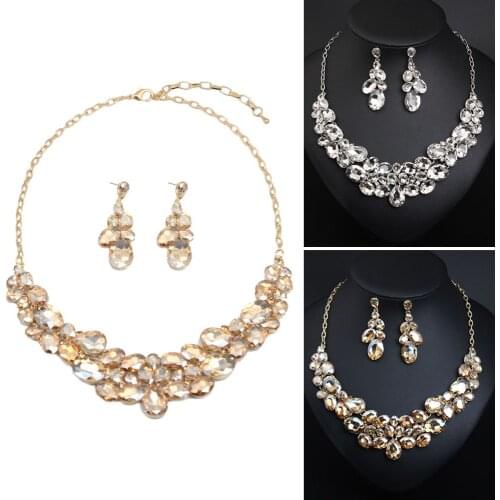 Bridal Jewelry Set Fashion Women Crystal Gem Necklace Earrigs Sets Statement Choker Rhinestone Bibs Dubai Indian Wedding Party