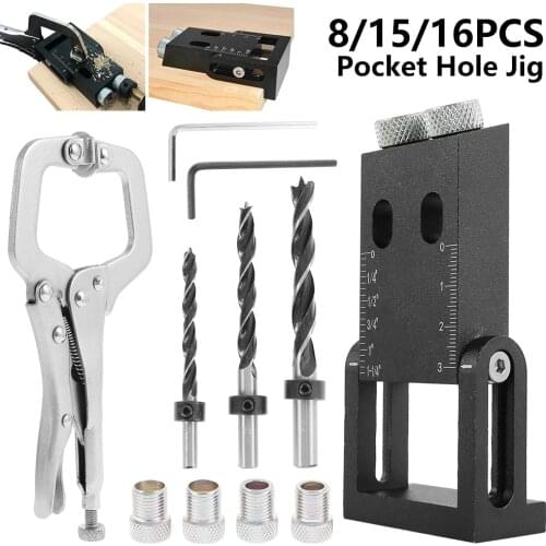 8/15/16PCS Pocket Hole Dowel Jig Black 15 Degree Angle Adjustable Woodworking Inclined Hole Fixer Puncher Locator Drill Bit