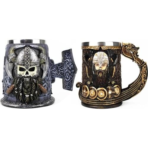 Drakkar Viking Mug Stainless Steel Insert Resin Skull Viking Danegeld Tankard Mugs Nordic God Odin Drakkar Viking Tankard 600ml