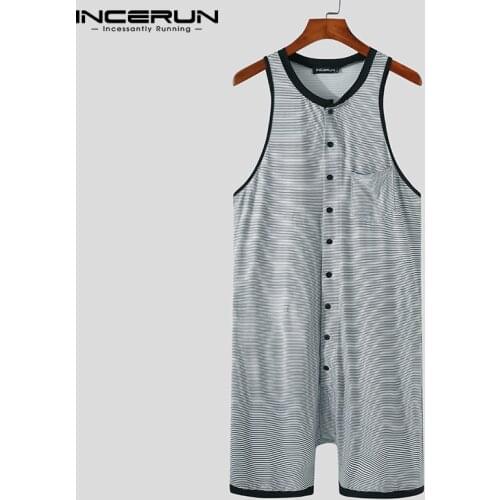 Summer Men Pajamas Rompers Sleeveless Homewear Striped Cozy Jumpsuit Button Fitness Sleepwear Sexy Men Playsuits S-5XL INCERUN 7