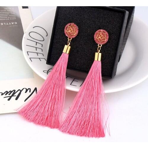 Trendy Bohemian Crystal Tassel Earrings Black White Blue Red Pink Silk Fabric Long Drop Dangle Tassel Earrings for Women Jewelry