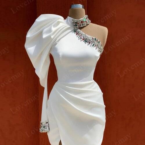 Muslim White Evening Dresses 2021 One Shoulder Elegant Formal Evening Gowns Crystals Prom Dresses Women Party Night Robes Custom