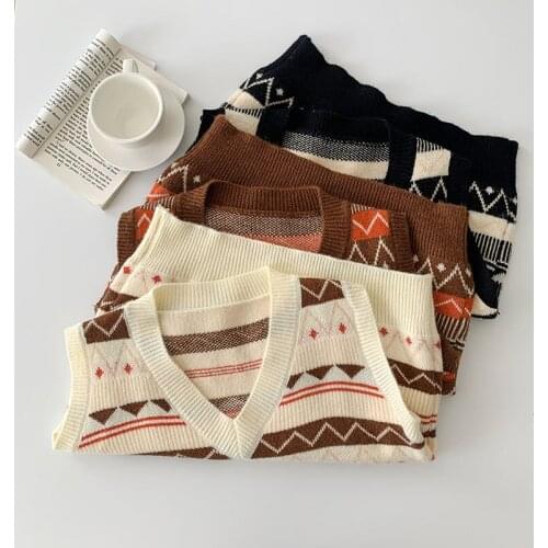 2021 Autumn Harajuku Chic V Neck Sweater Vest Women Korean Vintage Sleeveless Striped Geometric Knittwear Female Cool Fresh Tops