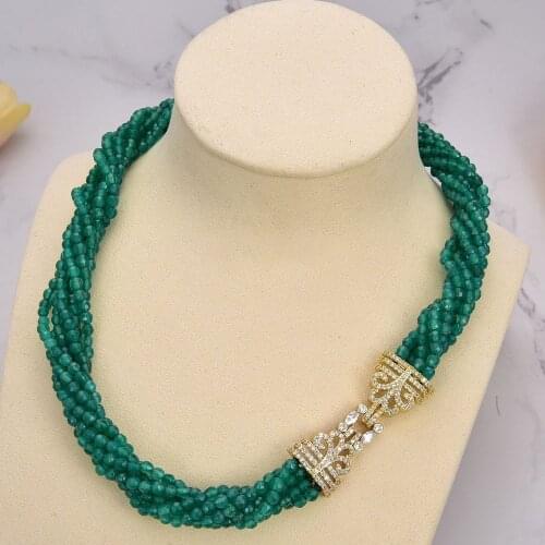 18'' 7 Strandss Green Agate Gems Stone Necklace Cz Clasp