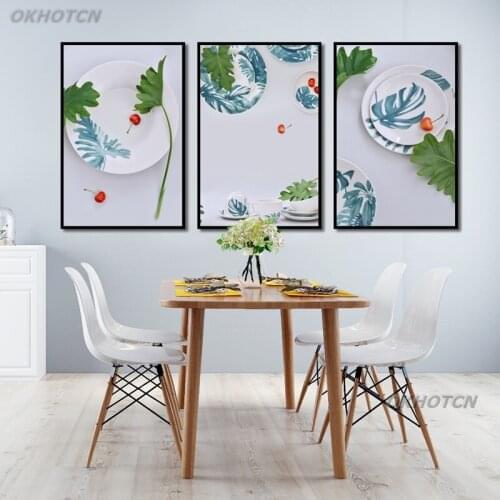 Print Poster Kitchen Dining Room Decoration Green Leaf Plate Canvas Painting Modern Minimalist Wall Art Picture For Living Room
