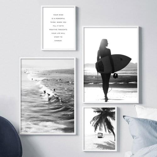 Poster Black And White Wall Art Prints Seascape Canvas Picture Sea Surfing Palm Tree Wall Art Picture for Bedroom Home Decor