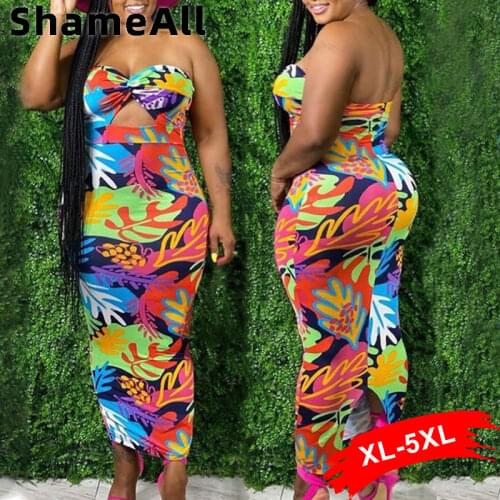 Plus Size Hollow Out Hole Strapless Bodycon Beach Dress 4XL Summer Floral Print Sleeveless Backless Split Maxi Dresses Vestido