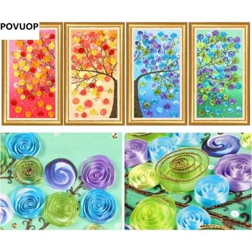 POVUOP Ribbon embroidery painting 70X40cmX4 happy tree three-dimensional embroidery paintings 4 pcs a set