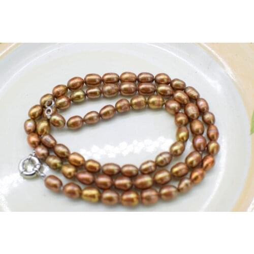 Freshwater pearl BROWN rice 6-9mm necklace 24inch wholesale beads nature FPPJ woman