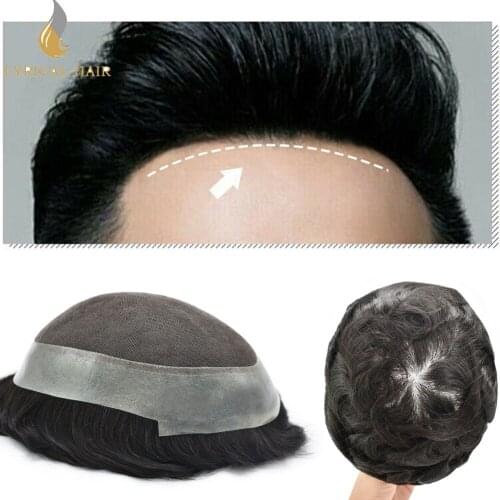Transparent French Lace With Poly Skin Mens Toupee Hair Replacement System Remy Virgin Human Hairpiece 100%Hand Tied Wig