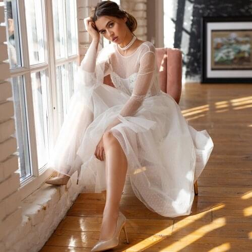 Romantic Short Wedding Dress with Long Sleeves A-line Scoop Vintage Tea-length Bridal Gown Dot Tulle Reception Dress