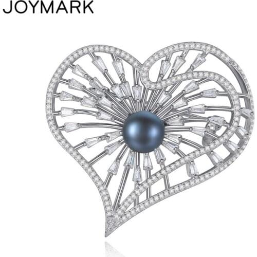 S925 Sterling Silver Fine Jewelry Heart Shape Zircon Pave Black Pearl Brooches For Elegant Women Anniversary Gift JPPB206