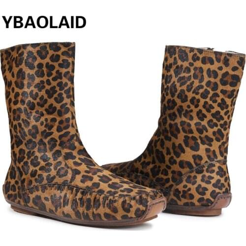Cowhide Leopard Print Horsehair Flat Heel Rider Boots Winter New Fashion Retro Round Head Side Zipper Fleece Lining Boots