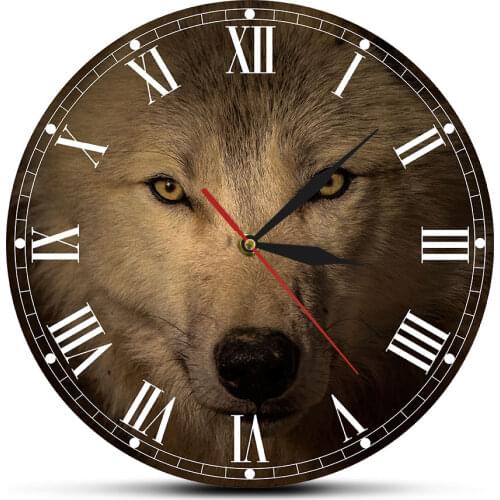 Grey Wolf Decorative Wall Clock Spiritual Animal Wall Art Home Decor Wildlife Wolf Head Living Room Silent Movement Wall Watch