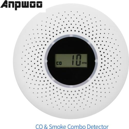 ANPWOO 2 in 1 LCD Display Carbon Monoxide & Smoke Combo Detector Battery Operated CO Alarm with LED Light Flashing Sound Warning