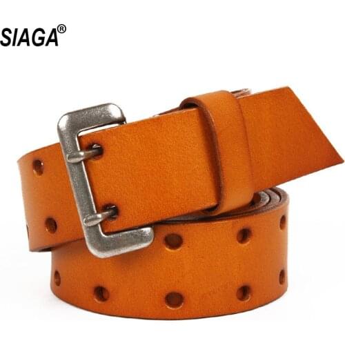 Unisex Personalized Retro Pin Buckle Solid Cowhide Leather Belts for Women Double Pin Holes Accessories 3.8cm Width SA014