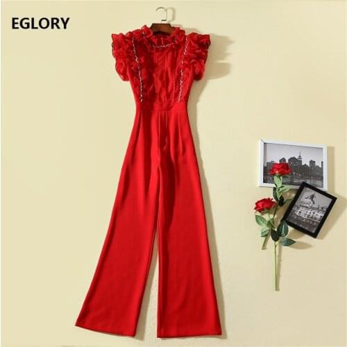 High Quality New Runway Jumpsuits 2021 Spring Summer Long Party Jumpsuit Women Hand Made Beading Black Red Long Jumpsuit Rompers