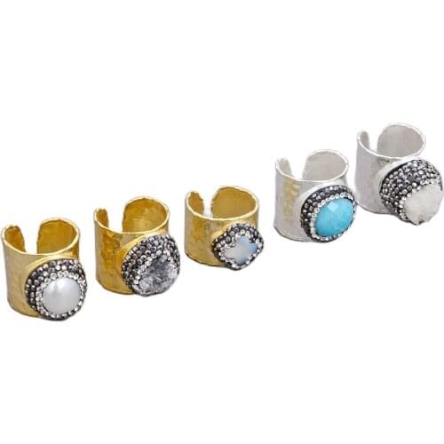 GG Jewelry Natural White Pearl blue Jade White Gray Quartz Druzy Shell trimmed black macarsite Cuff Gold Plated Ring