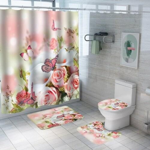Pink Flower Shower Curtain Butterfly With Non Slip Rug Mat Bathroom Curtains Waterproof Polyester Bathroom Curtain with Hooks